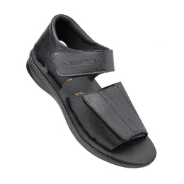 Black sandal with a strap on a white background