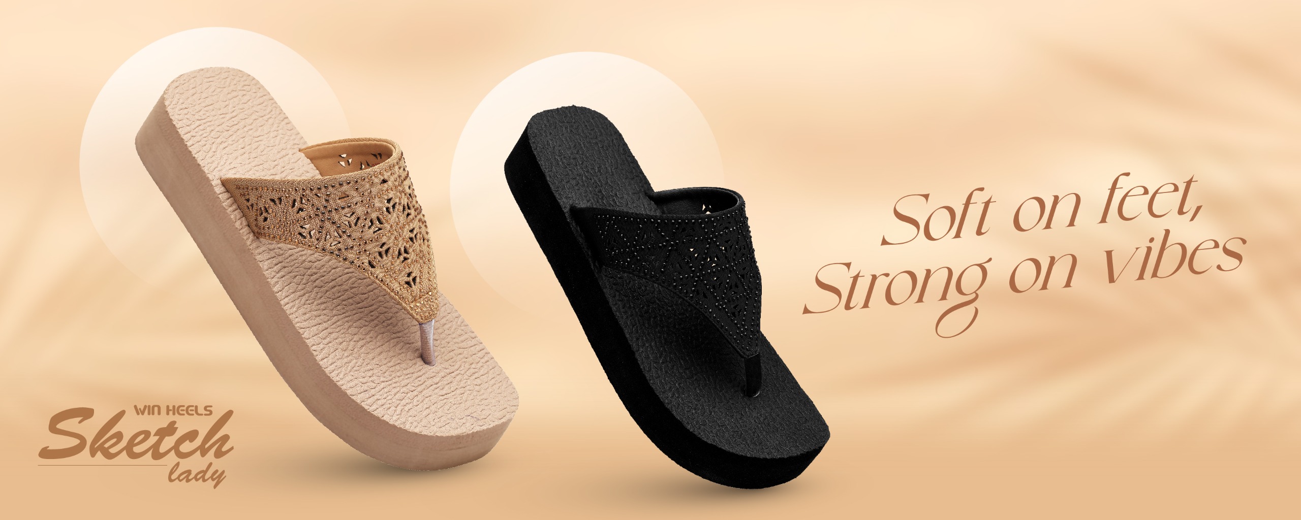 Win Heels Sketch Lady collection – stylish beige and black ladies soft chappals with cushioned sole and elegant laser-cut design